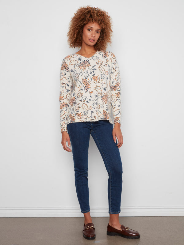 Printed Plush Knit V-Neck Sweater - Snowflake