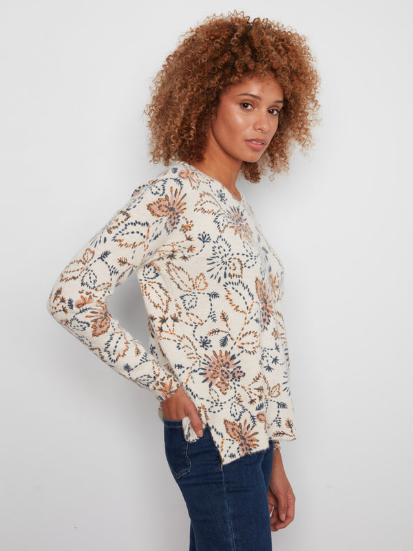 Printed Plush Knit V-Neck Sweater - Snowflake