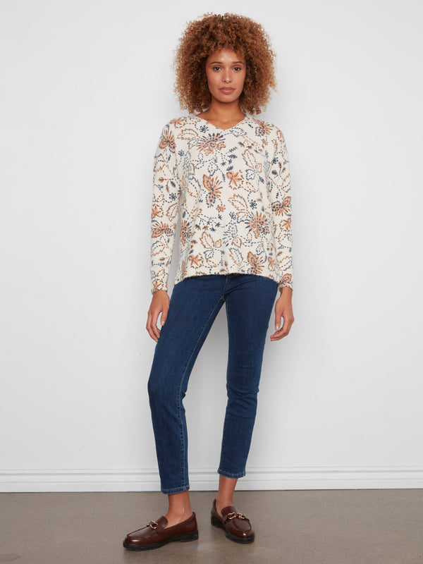 Printed Plush Knit V-Neck Sweater - Snowflake