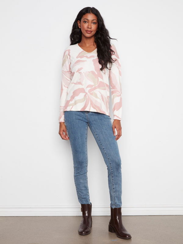 Printed Plush Knit V-Neck Sweater - Petaline