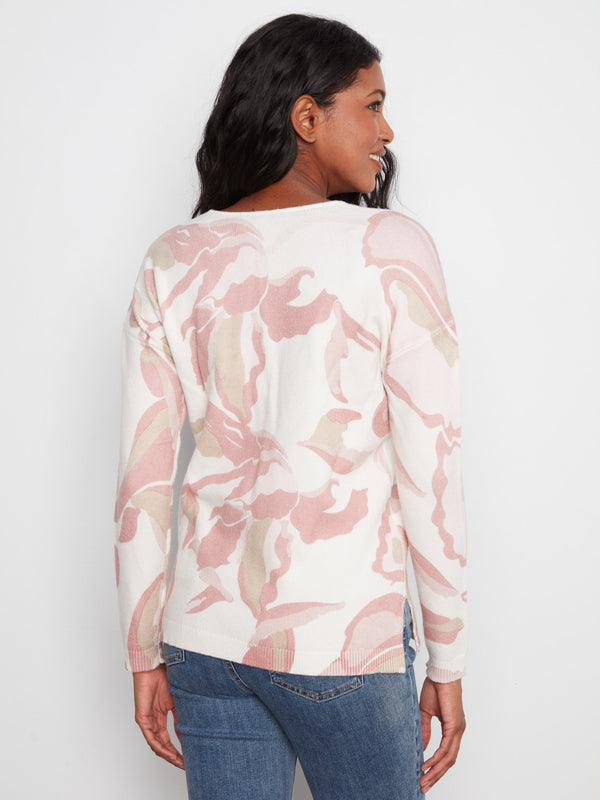 Printed Plush Knit V-Neck Sweater - Petaline