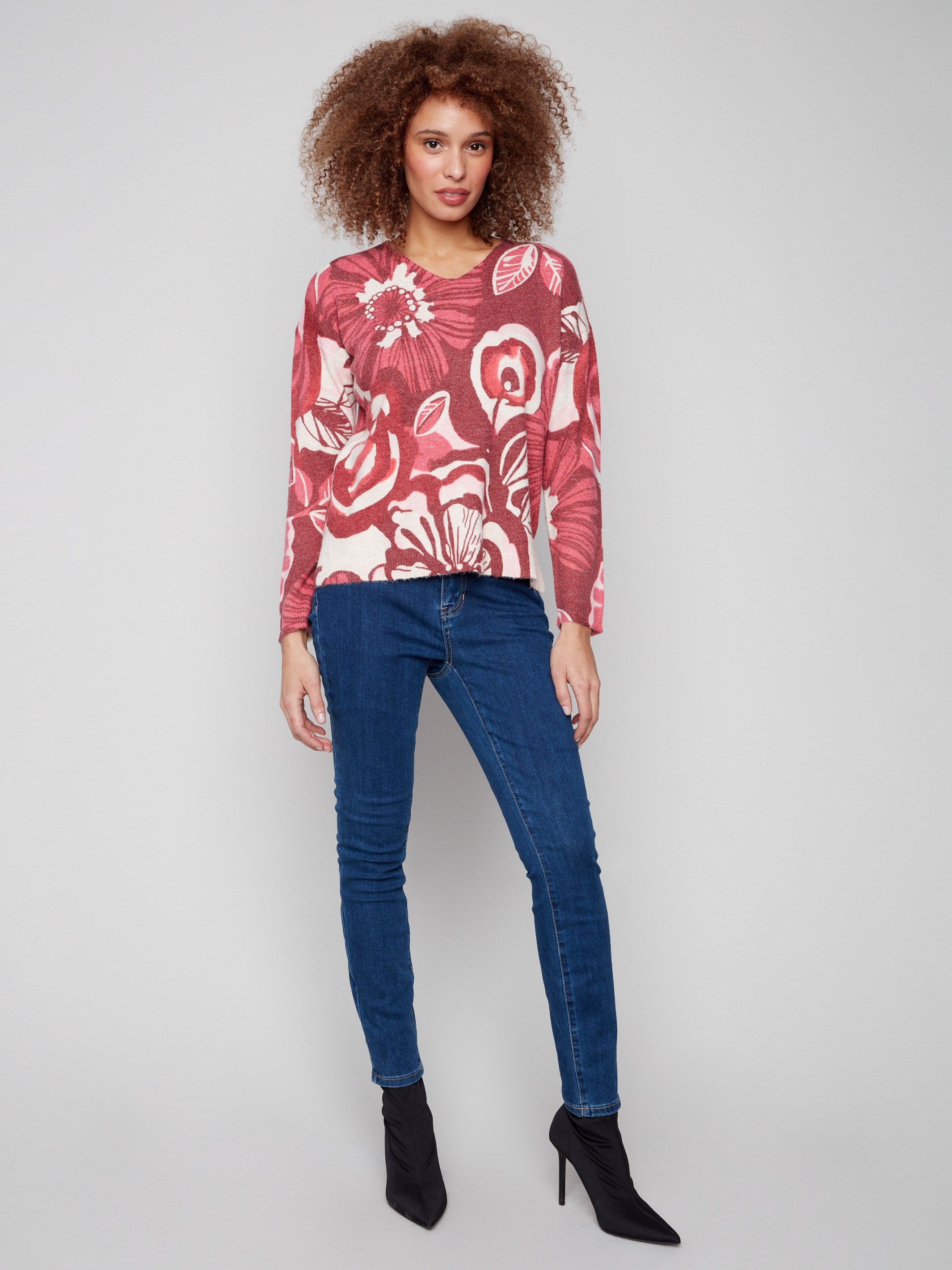 Elegant floral sweater with long sleeves in rich red tones, ideal for a stylish look by Charlie B.