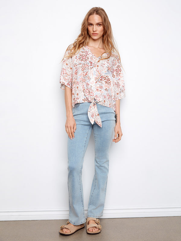 Printed Popover Blouse With Front Tie - Bea