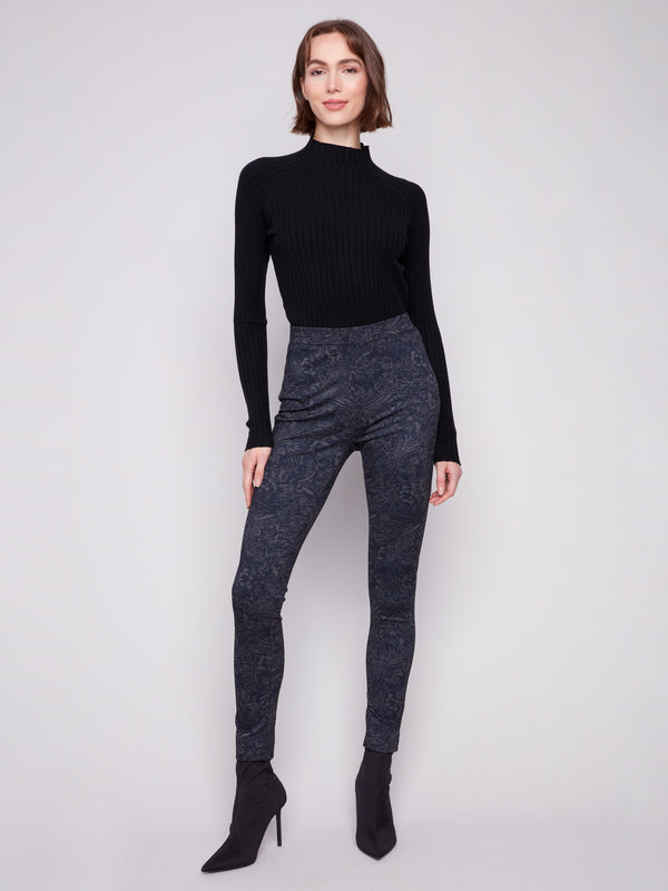 Navy pants featuring a skinny fit and abstract print, crafted with stretch fabric for comfort by Charlie B.