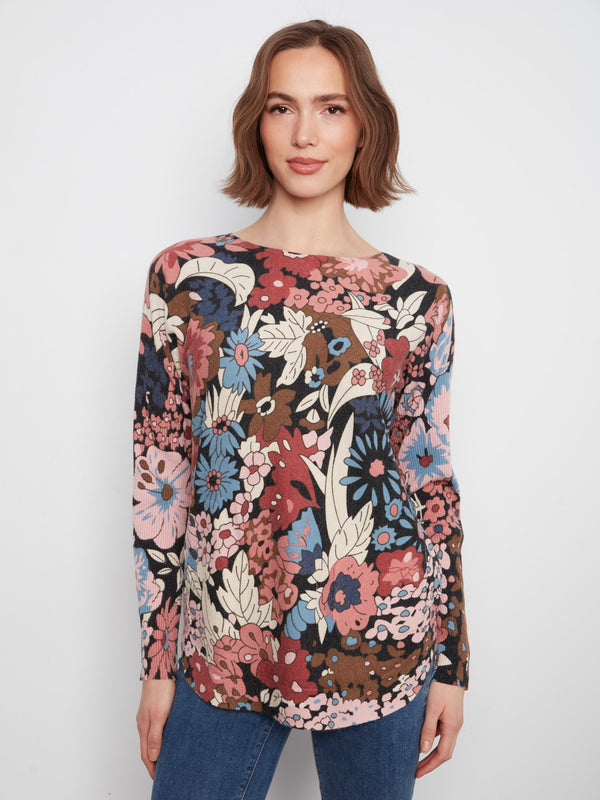 Printed Rounded Hem Sweater - Azalea