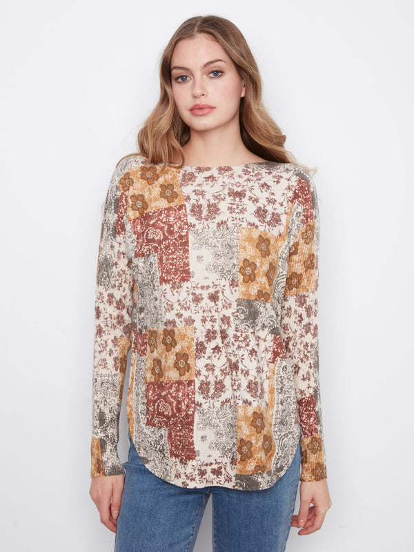 Printed Rounded Hem Sweater - Quilt