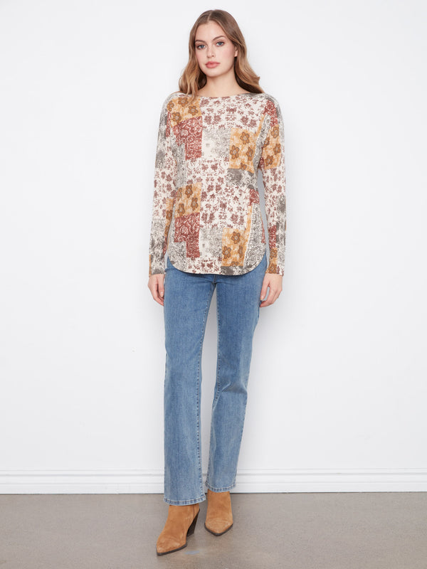 Printed Rounded Hem Sweater - Quilt