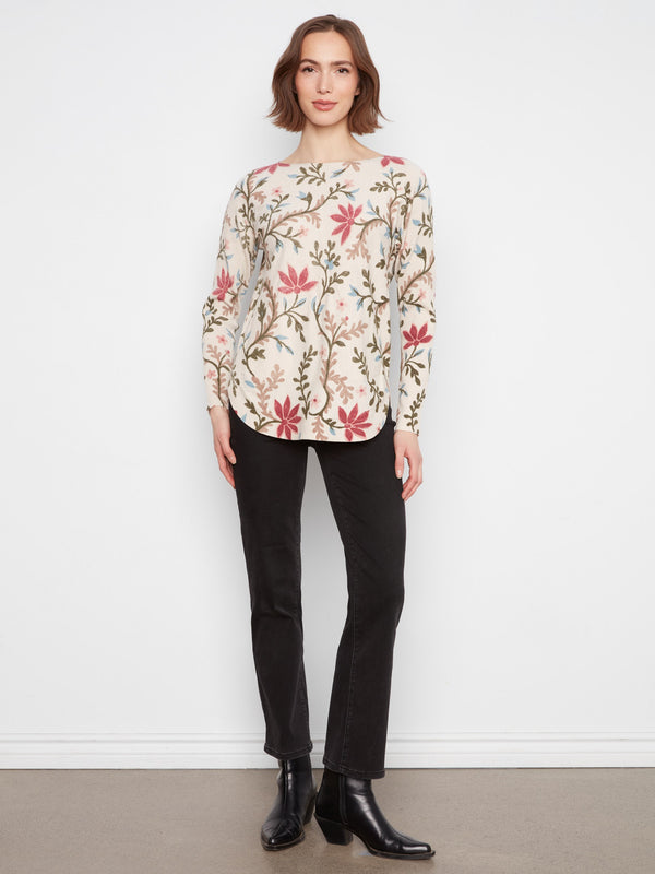 Printed Rounded Hem Sweater - Floral