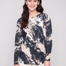 Granite sweater showcasing a stylish boat neck and abstract marbled design, perfect for casual outings by Charlie B.