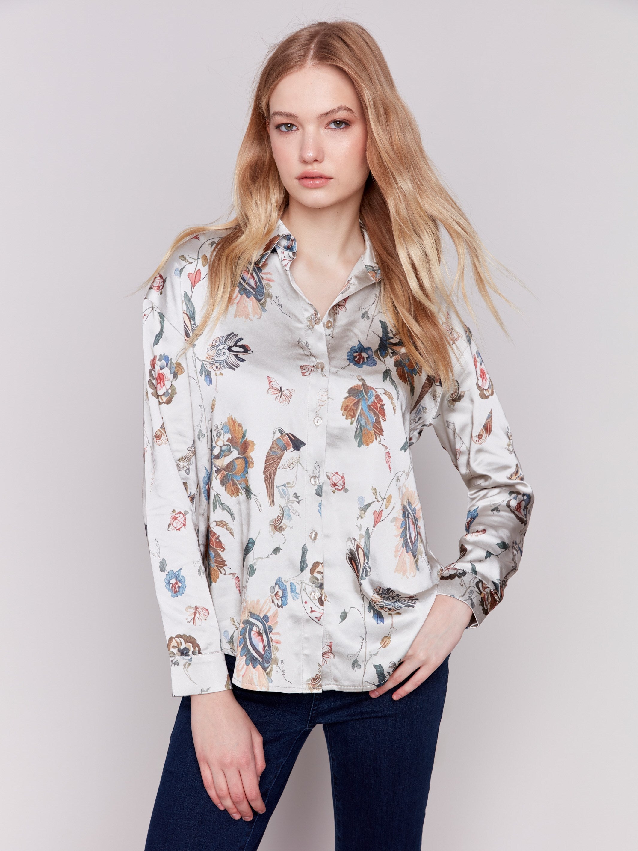 Charlie B Printed Roll Up Dolman Sleeve tie front blouse main image 0