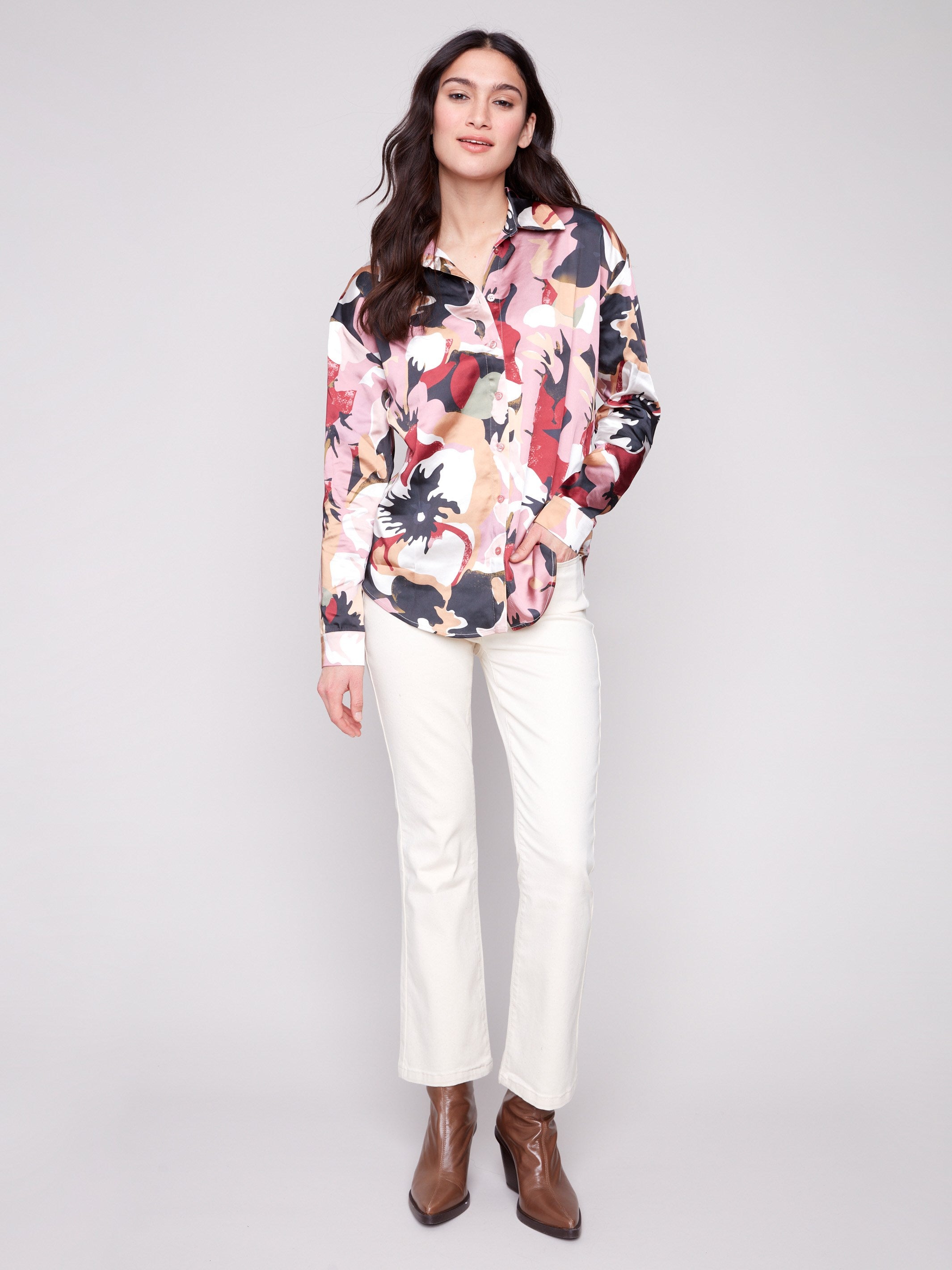 Elegant button-down satin shirt with a bold pattern and long cuffed sleeves by Charlie B.
