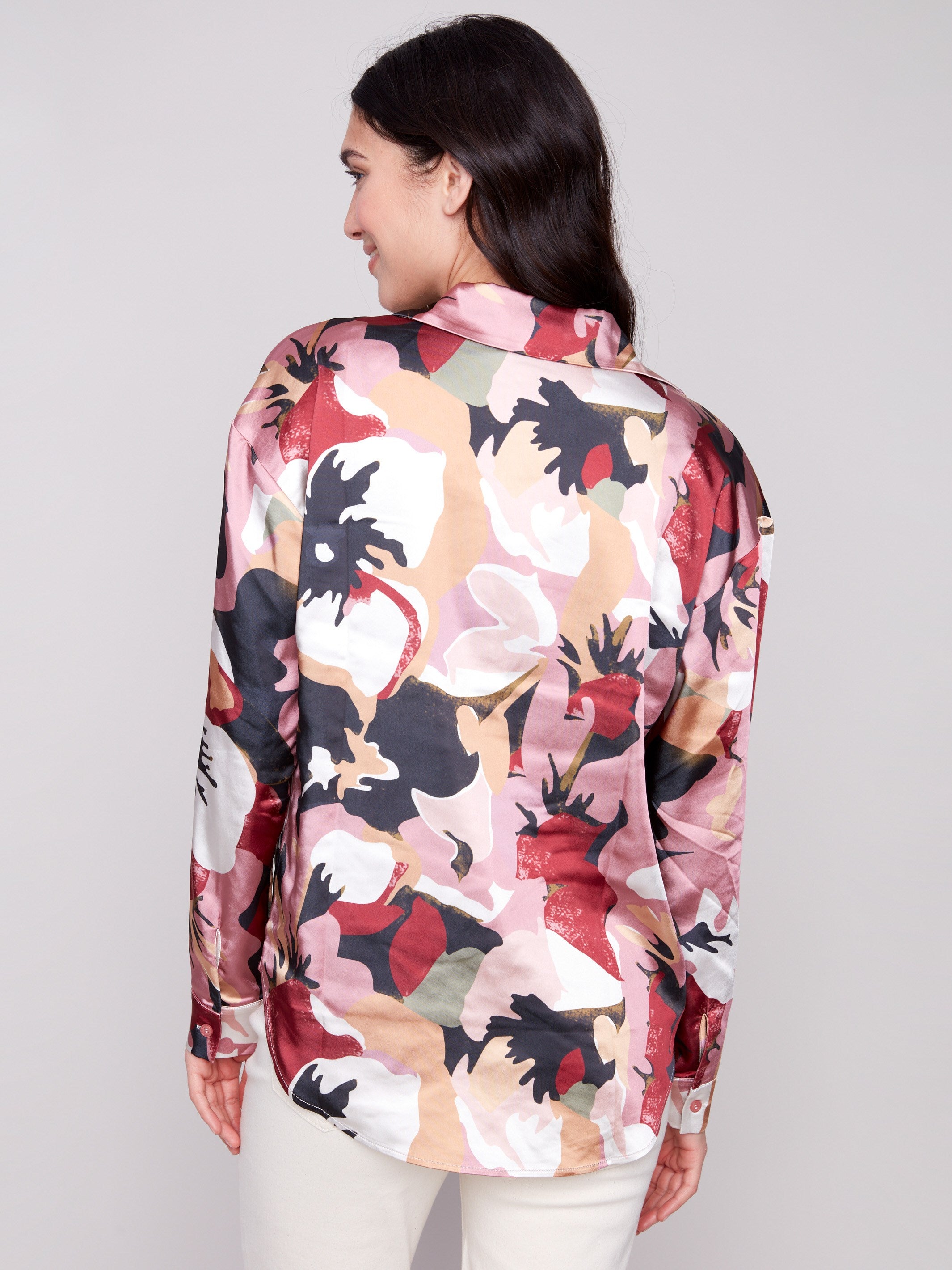 Chic printed satin shirt showcasing a classic shirt collar for timeless style by Charlie B.