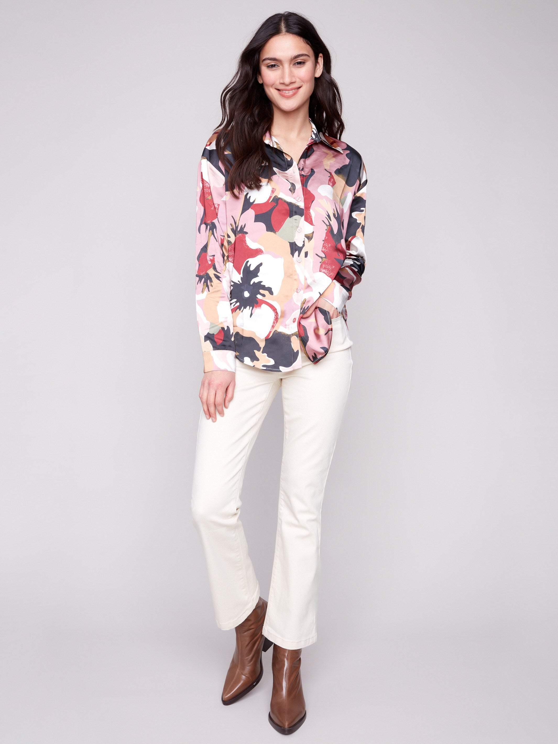 Fashion-forward colorful satin shirt with comfortable long sleeves and unique design by Charlie B.