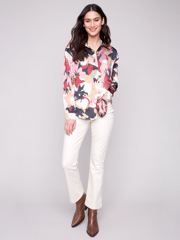 Fashion-forward colorful satin shirt with comfortable long sleeves and unique design by Charlie B.
