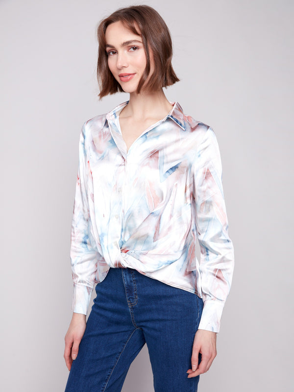 Chic satin blouse with a sophisticated twisted front and classic shirt collar design by Charlie B.