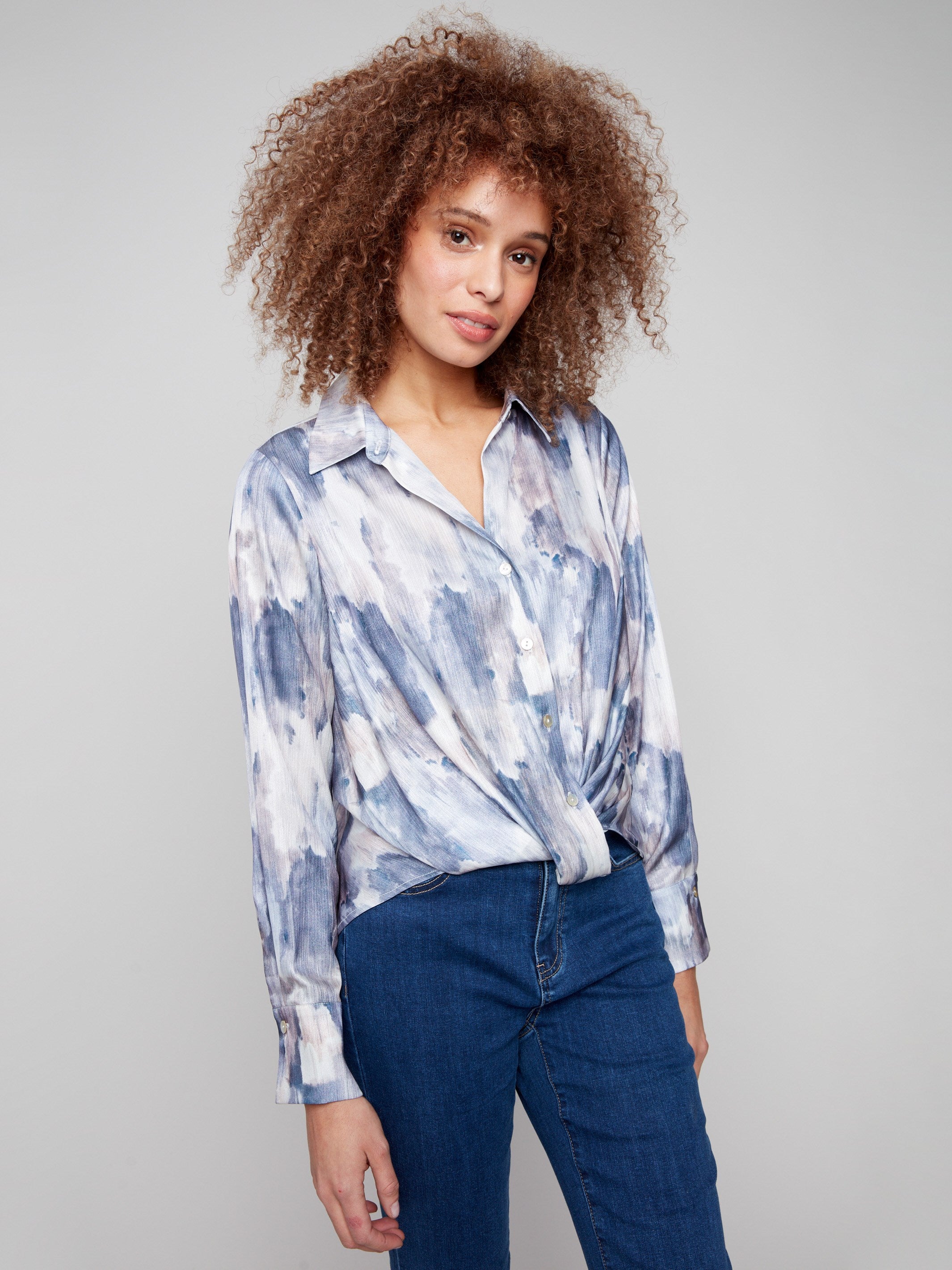 Abstract print satin shirt featuring a textured finish and classic shirt collar, perfect for any occasion by Charlie B.
