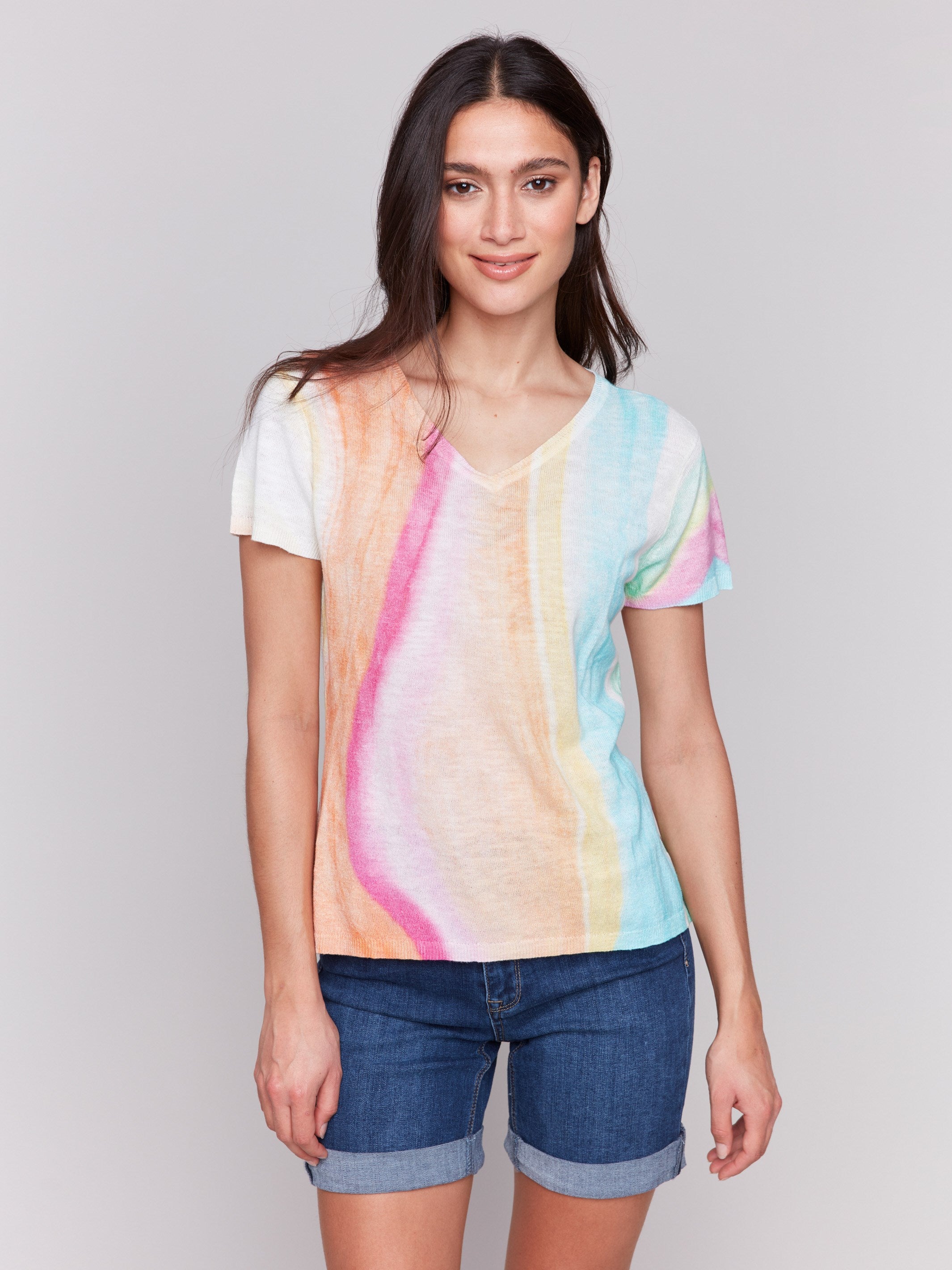 Linen-cotton blend sweater in a vibrant rainbow pattern, ideal for a stylish and comfortable day by Charlie B.