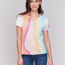 Linen-cotton blend sweater in a vibrant rainbow pattern, ideal for a stylish and comfortable day by Charlie B.