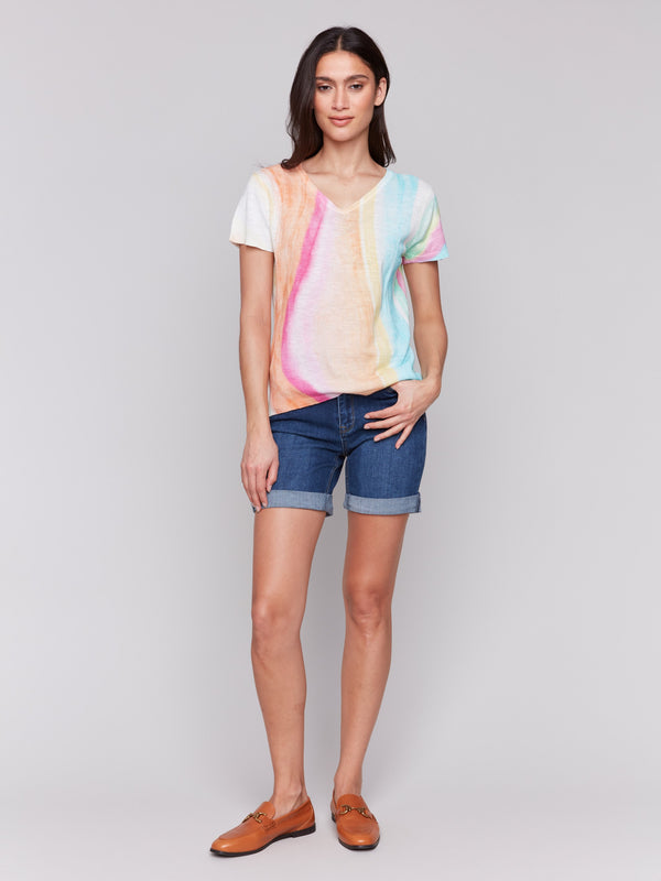 Colorful V-neck sweater with short sleeves, perfect for adding a pop of color to your outfit by Charlie B.