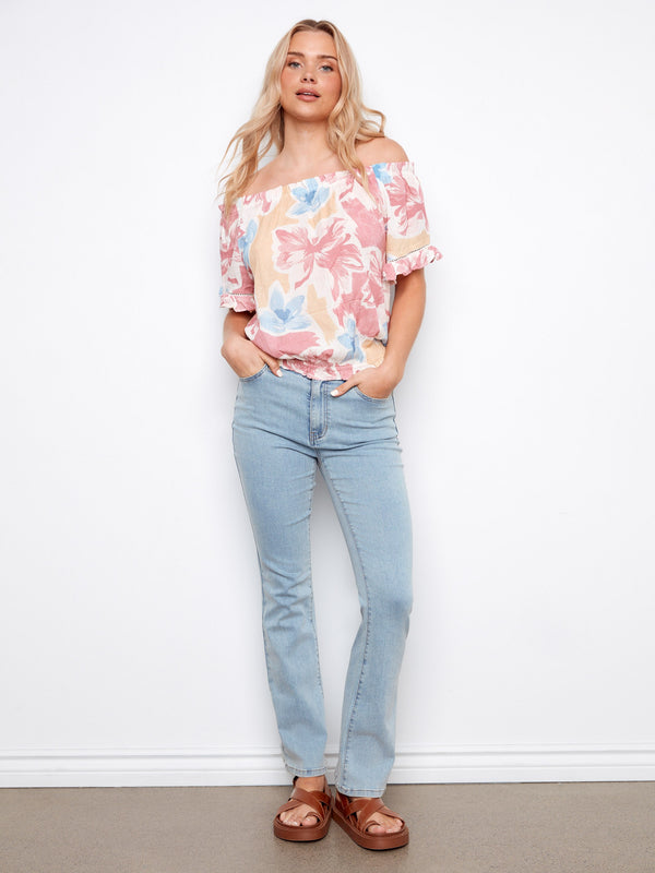 Printed Short Sleeve Off-Shoulder Blouse - Flowery