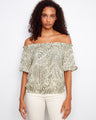 Elegant off-the-shoulder top with a chic pattern, perfect for casual outings. Features short flutter sleeves for added style by Charlie B.