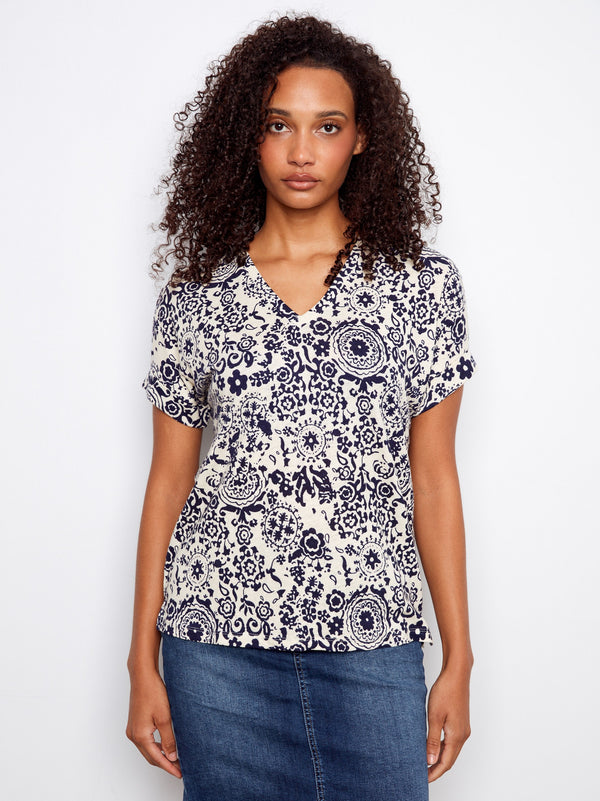 Printed Short Sleeve V-Neck T-Shirt - Baroque