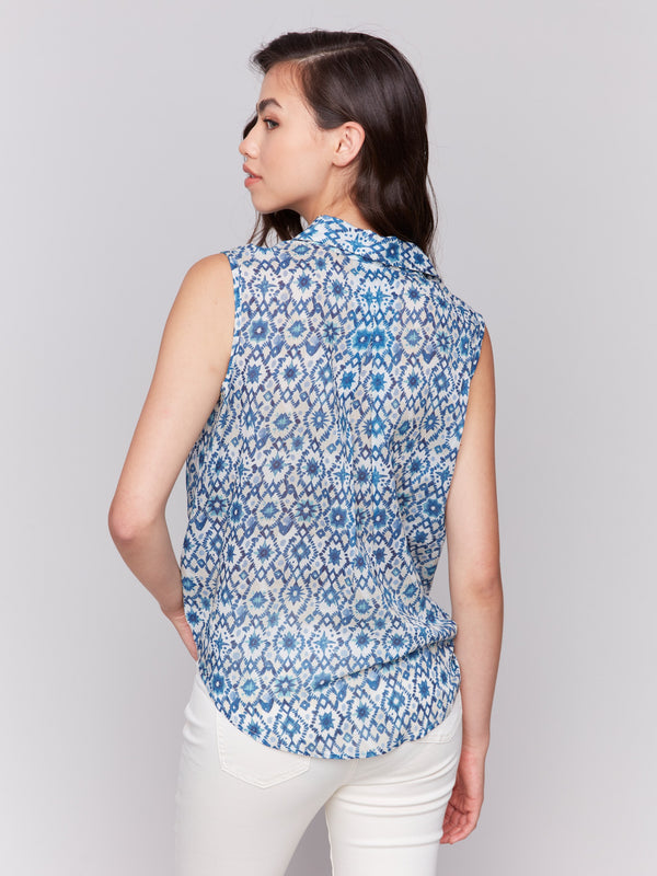 Button-down blue and white shirt with abstract star design by Charlie B.