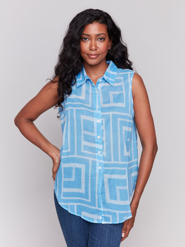 Stylish sleeveless geometric print on a bluebell cotton fabric by Charlie B.