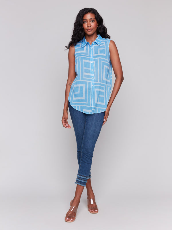 Distinctive button-down feature on the sleeveless bluebell top by Charlie B.