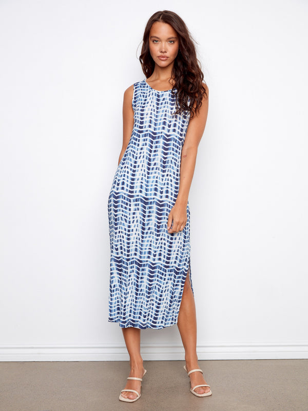 Printed Sleeveless Linen Blend Dress With Side Slits - Zig Zag