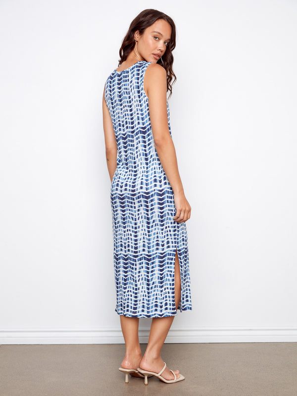 Printed Sleeveless Linen Blend Dress With Side Slits - Zig Zag
