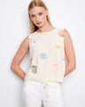 Linen blend top featuring a crew neckline and ocean-themed abstract print with adjustable drawcord hem by Charlie B.