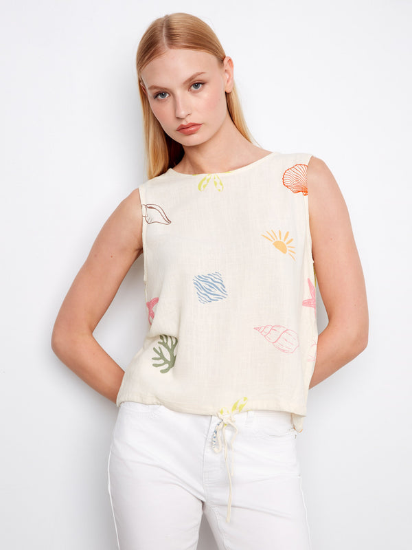 Linen blend top featuring a crew neckline and ocean-themed abstract print with adjustable drawcord hem by Charlie B.