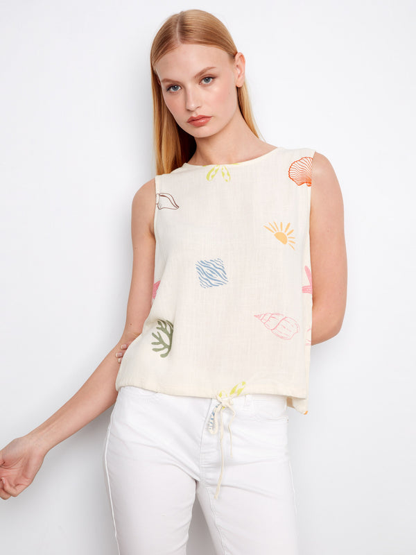 Ocean-inspired sleeveless top crafted from a linen blend with an adjustable drawcord hem for perfect fit by Charlie B.