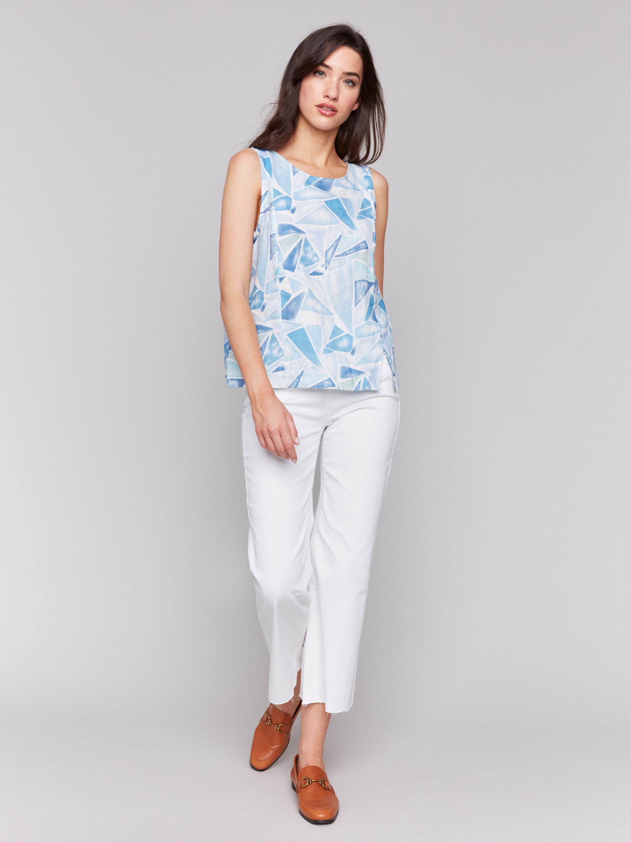 Abstract print denim top with princess seams by Charlie B.