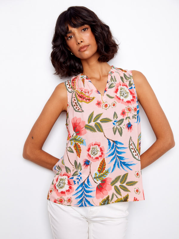Printed Sleeveless Ruffle Neck Top - Gardenia