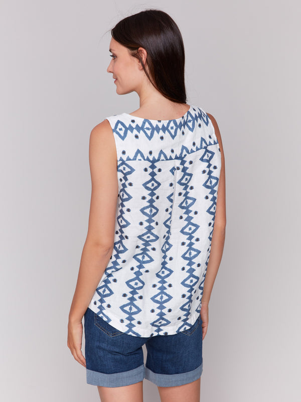 Stylish sleeveless top showcasing a unique pattern by Charlie B.