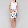 White skort with short length and vibrant abstract pattern by Charlie B.