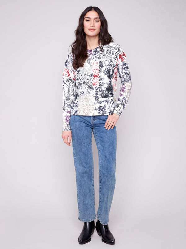 Abstract Frame printed sweater with ribbed neck and hem detailing for a chic look by Charlie B.