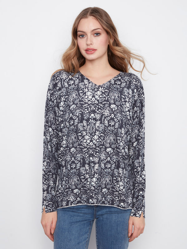 Printed V-Neck Sweater - Botanical