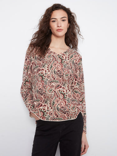 Paisley print top with a relaxed fit, featuring a V-neck design for effortless style by Charlie B.
