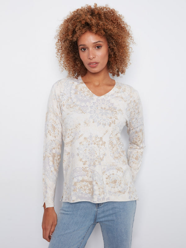 Printed V-Neck Sweater - Timeless