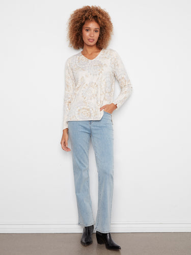 Relaxed fit V-neck sweater with paisley print, perfect for casual wear in beige and red hues by Charlie B.
