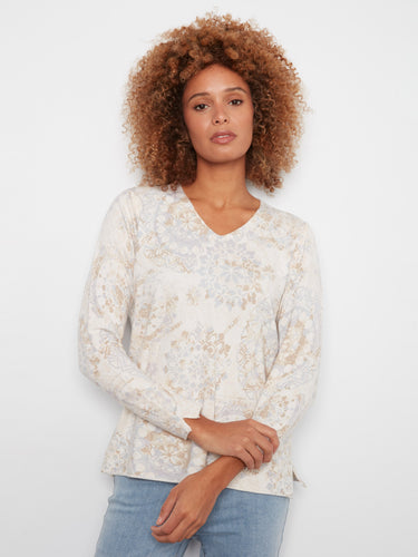 Chic V-neck sweater featuring side slits at the hem and cuffs in a soft abstract pattern by Charlie B.