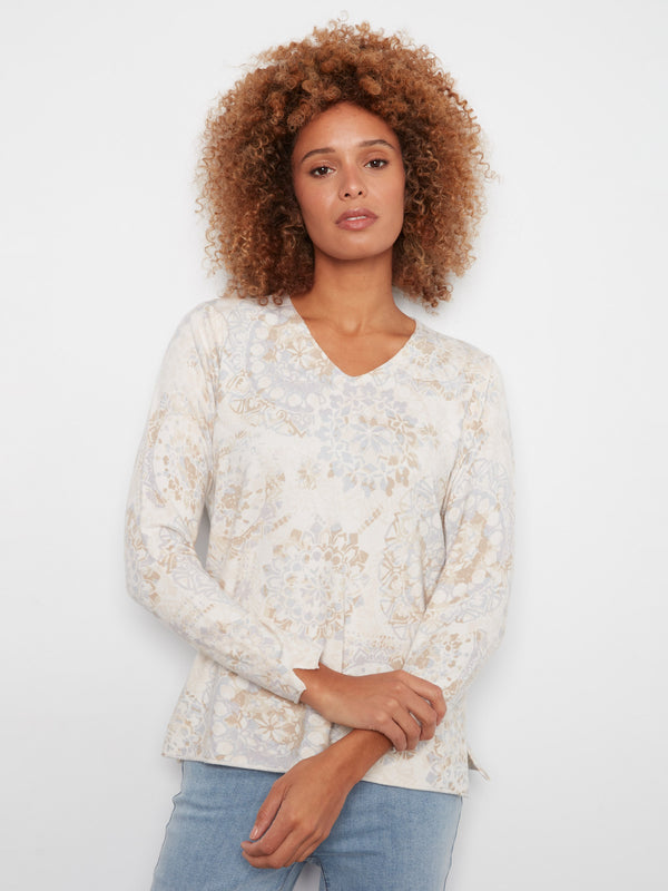 Printed V-Neck Sweater - Timeless