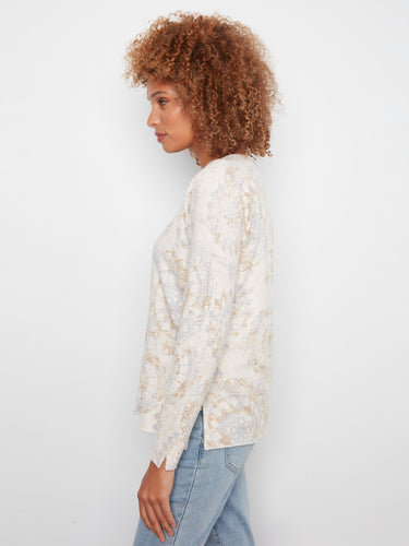 Elegant paisley printed sweater showcasing relaxed fit and long sleeves for versatile styling by Charlie B.
