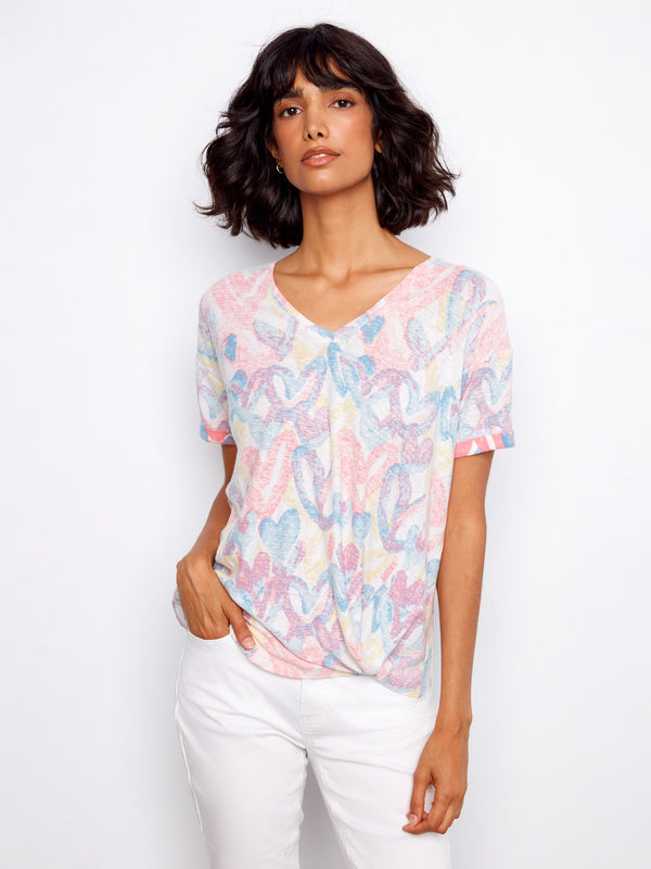Printed V-Neck T-Shirt With Knot Detail - Rainbow