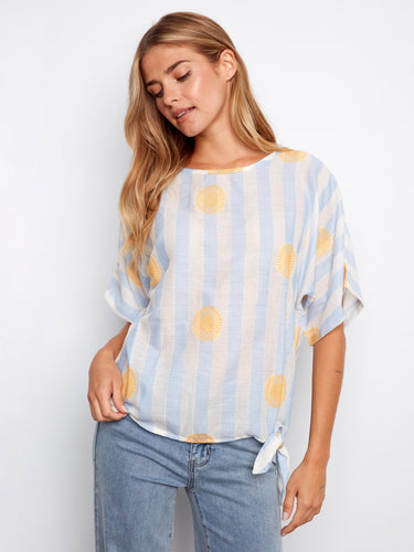 Printed gauze blouse with short dolman sleeves, showcasing an abstract pattern and side tie by Charlie B.