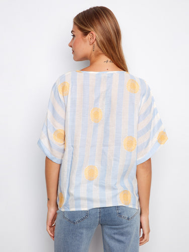 Stylish cotton gauze blouse with abstract print, short sleeves, and side tie at hem for added flair by Charlie B.