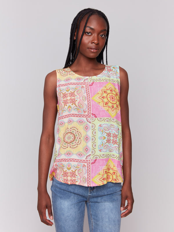 Top with a geometric pattern, featuring a keyhole back by Charlie B.